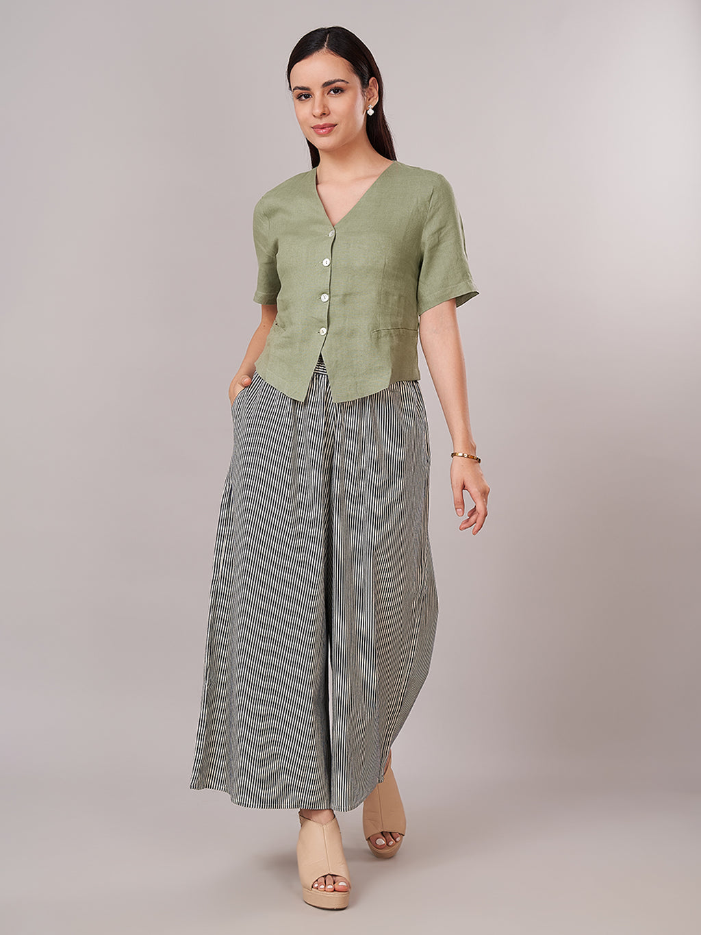 Women's 100% Linen Regular Fit Blouse Green