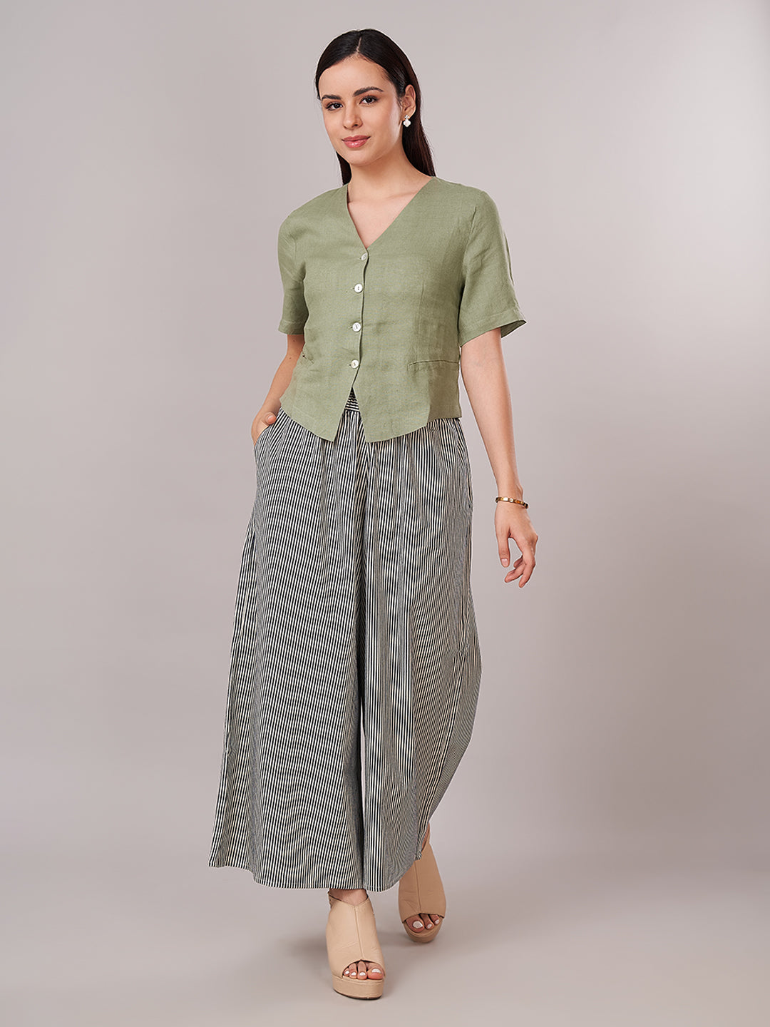 Women's 100% Linen Regular Fit Blouse Green