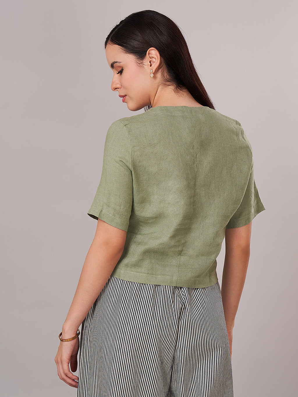 Women's 100% Linen Regular Fit Blouse Green