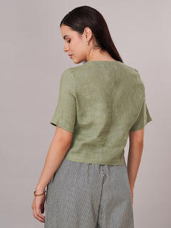 Women's 100% Linen Regular Fit Blouse Green