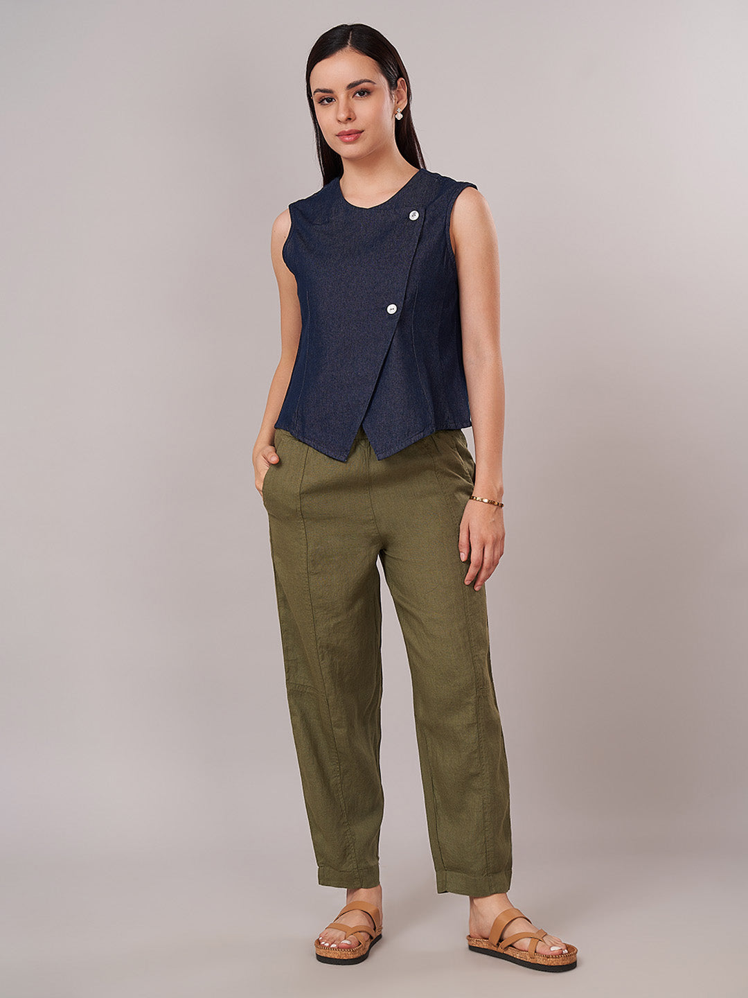 Women's 100% Linen Barrel Leg Pant Olive