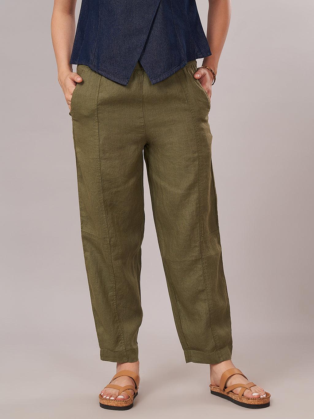 Women's 100% Linen Barrel Leg Pant Olive