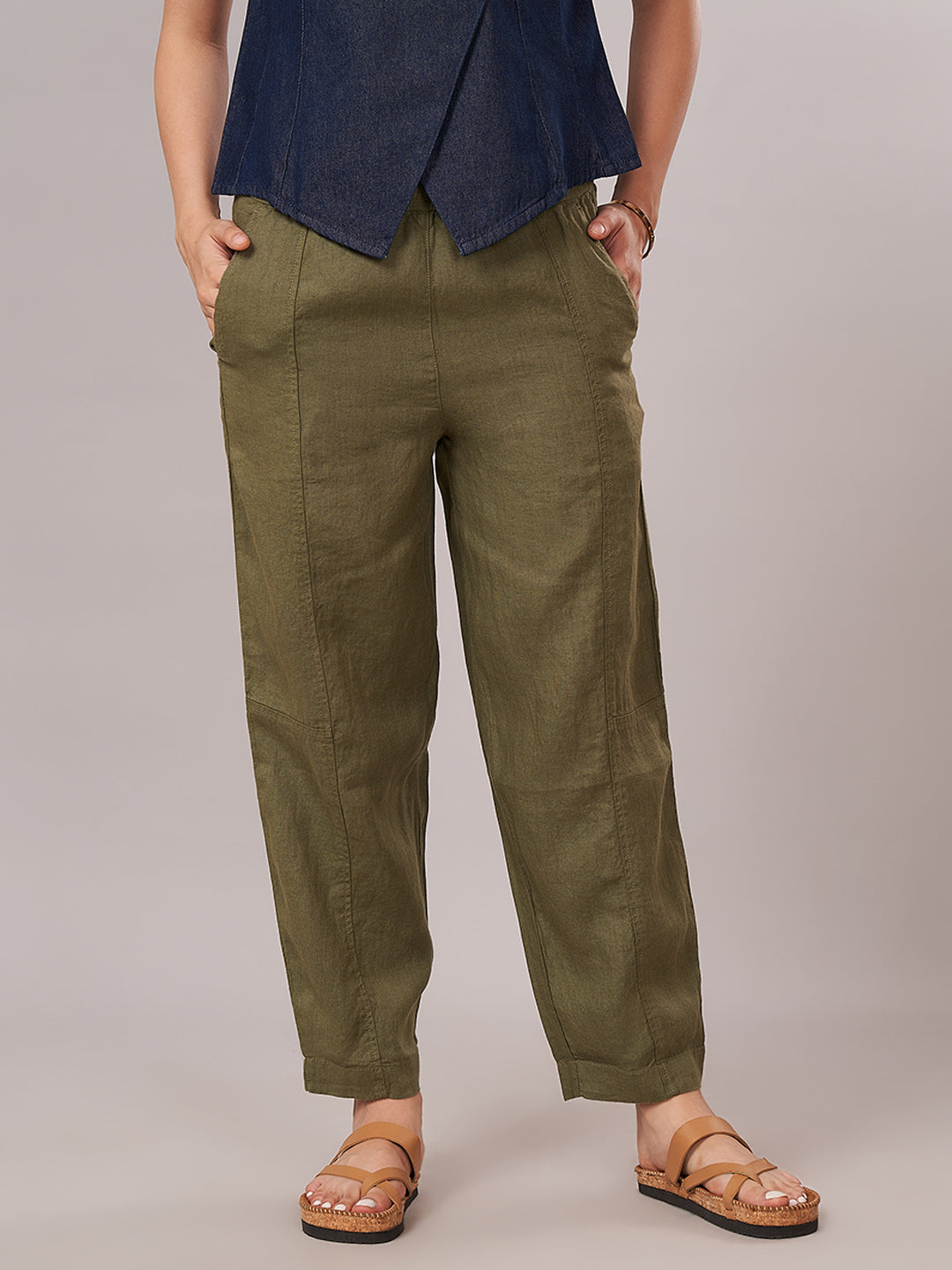 Women's 100% Linen Barrel Leg Pant Olive