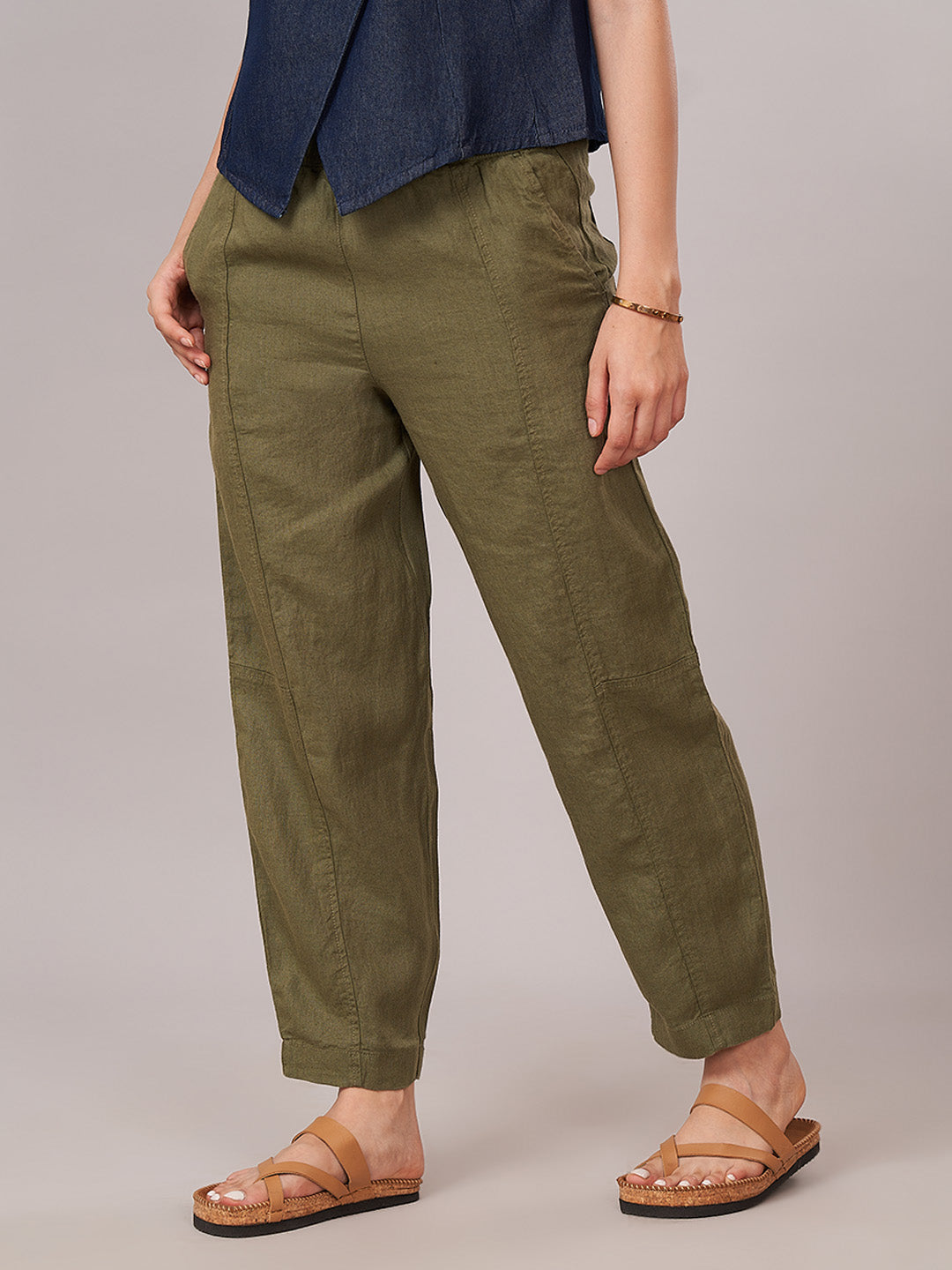 Women's 100% Linen Barrel Leg Pant Olive