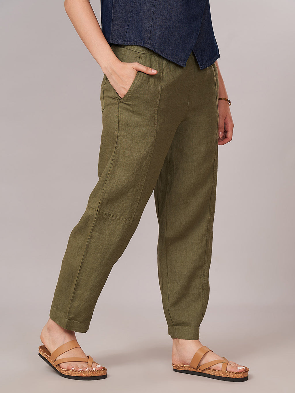 Women's 100% Linen Barrel Leg Pant Olive