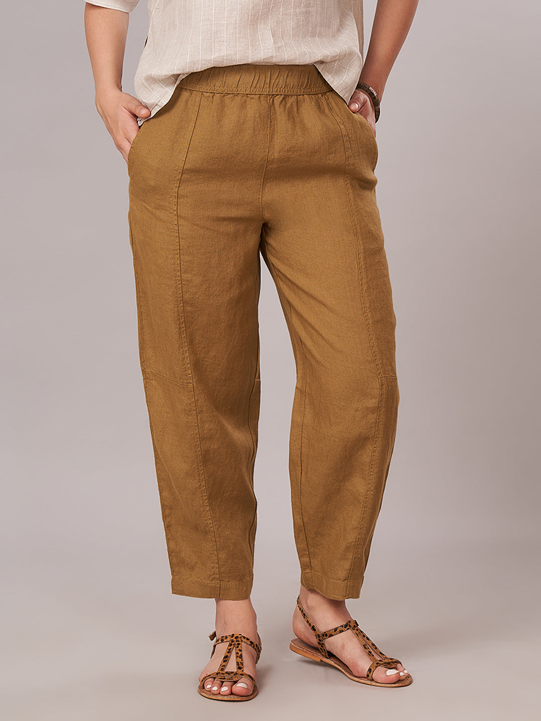 Women's 100% Linen Barrel Leg Pant Mustard