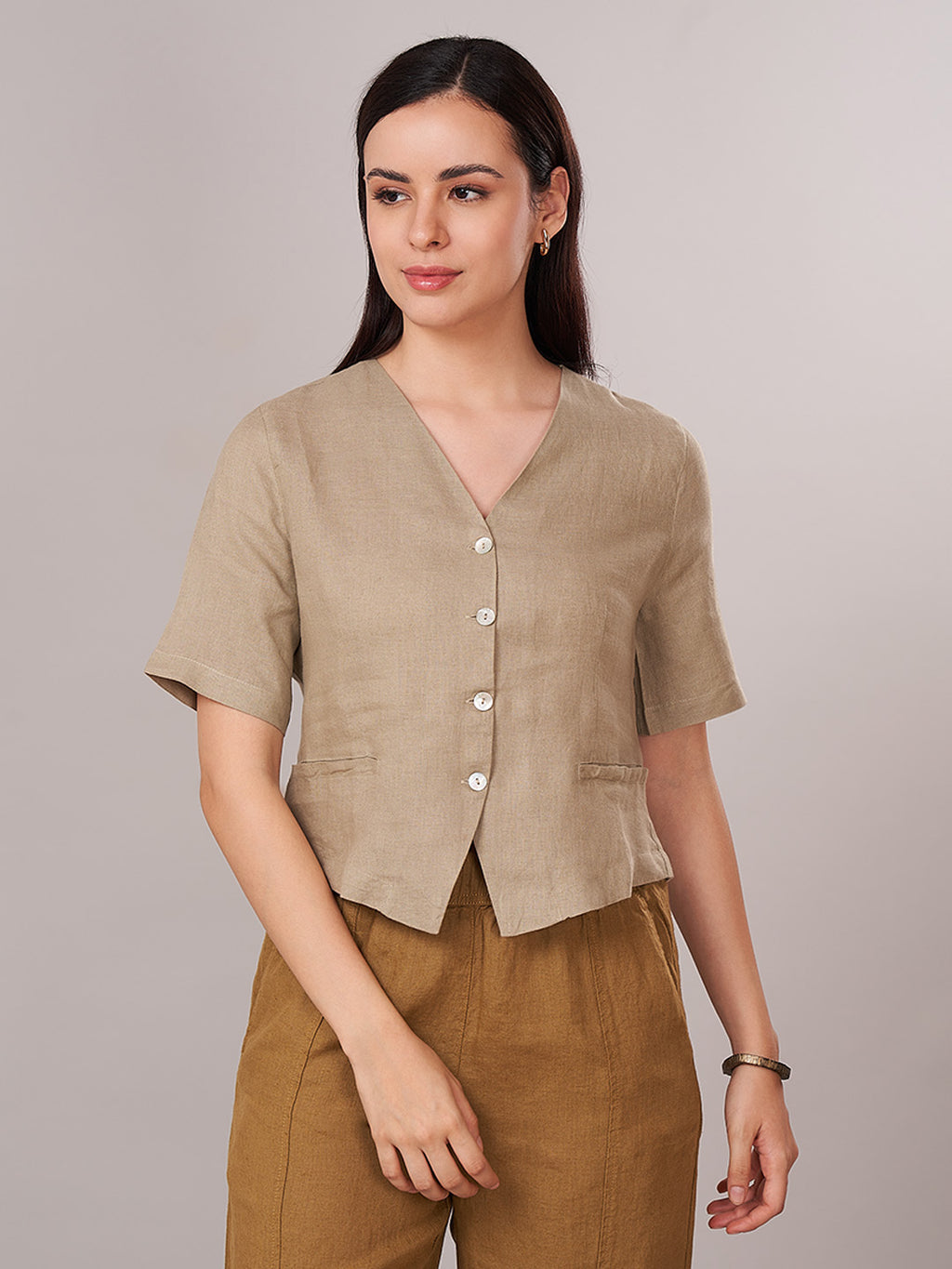 Women's 100% Linen Regular Fit Blouse Khaki