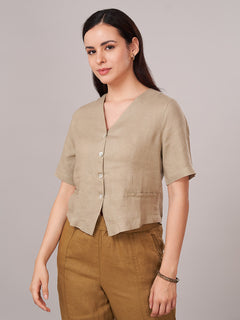 Women's 100% Linen Regular Fit Blouse Khaki