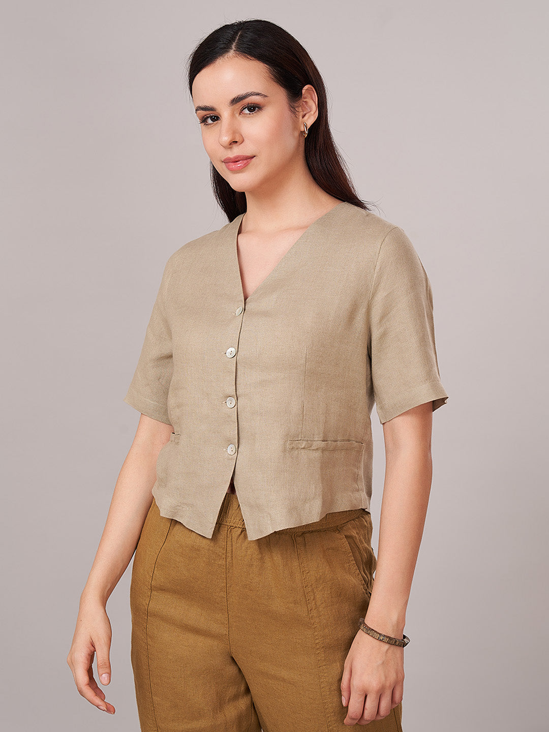 Women's 100% Linen Regular Fit Blouse Khaki