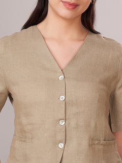 Women's 100% Linen Regular Fit Blouse Khaki
