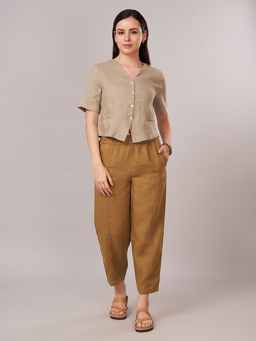 Women's 100% Linen Regular Fit Blouse Khaki