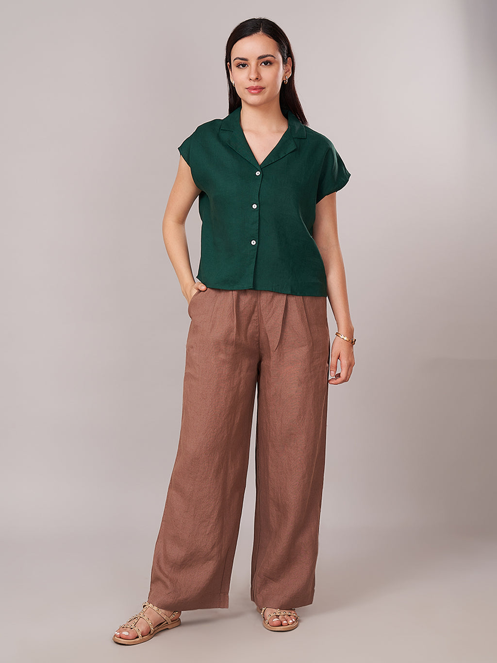 Women's 100% Linen  Regular Fit Pant Brown