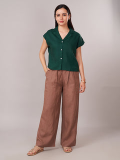 Women's 100% Linen  Regular Fit Pant Brown