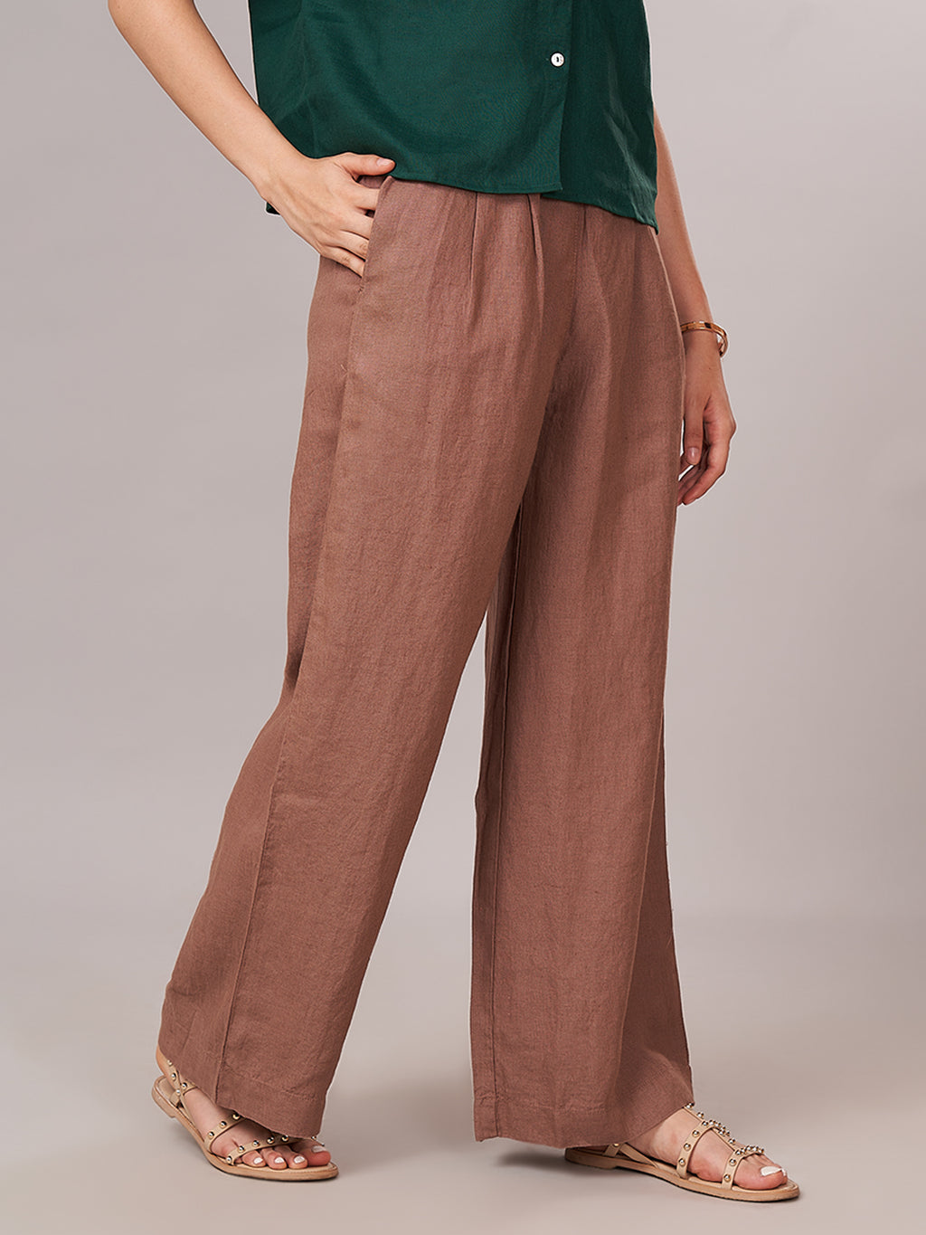 Women's 100% Linen  Regular Fit Pant Brown