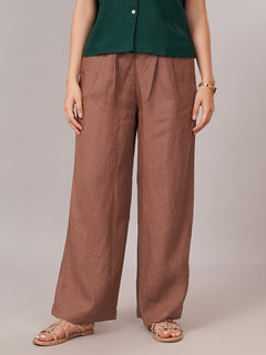 Women's 100% Linen  Regular Fit Pant Brown
