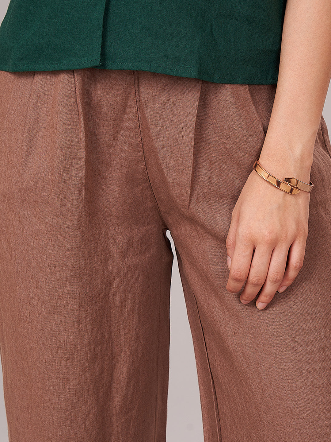 Women's 100% Linen  Regular Fit Pant Brown