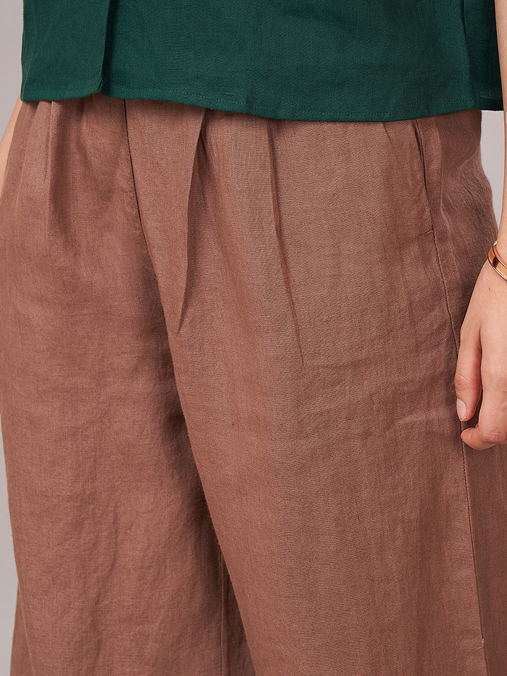 Women's 100% Linen  Regular Fit Pant Brown