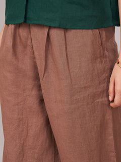 Women's 100% Linen  Regular Fit Pant Brown