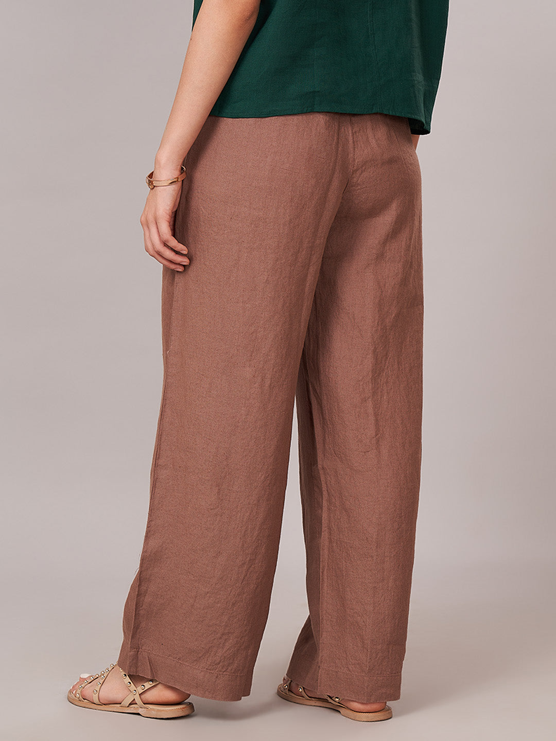 Women's 100% Linen  Regular Fit Pant Brown
