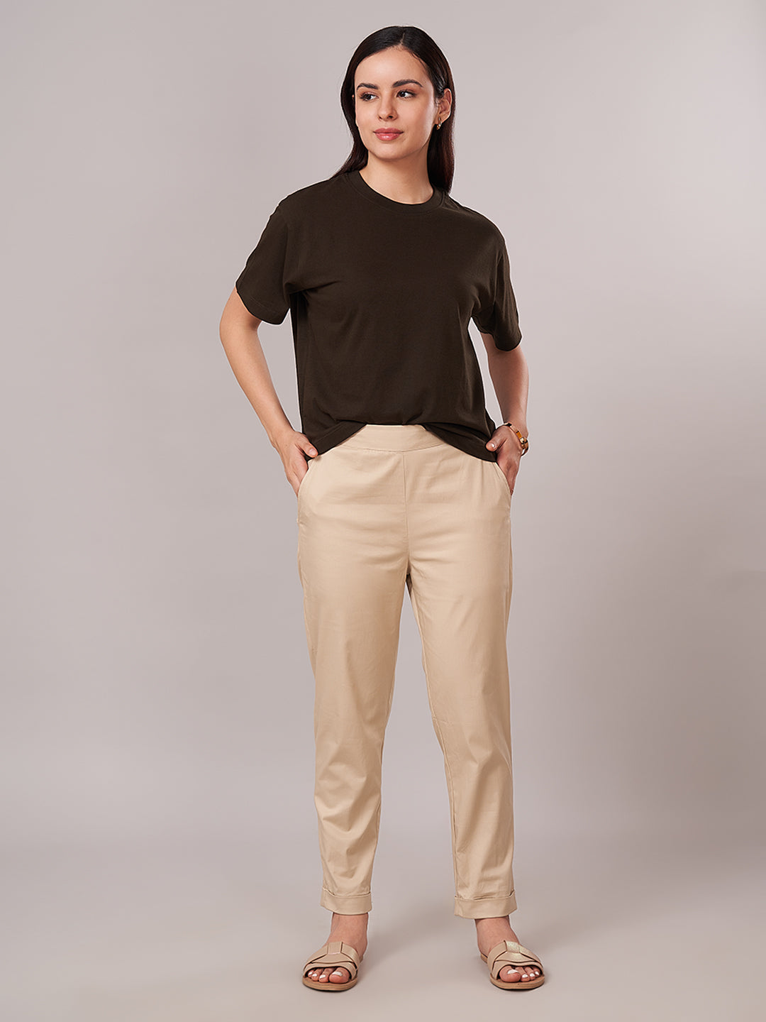 Women's Cotton Lycra Regular Fit Pants Beige