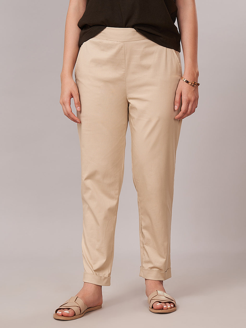 Women's Cotton Lycra Regular Fit Pants Beige