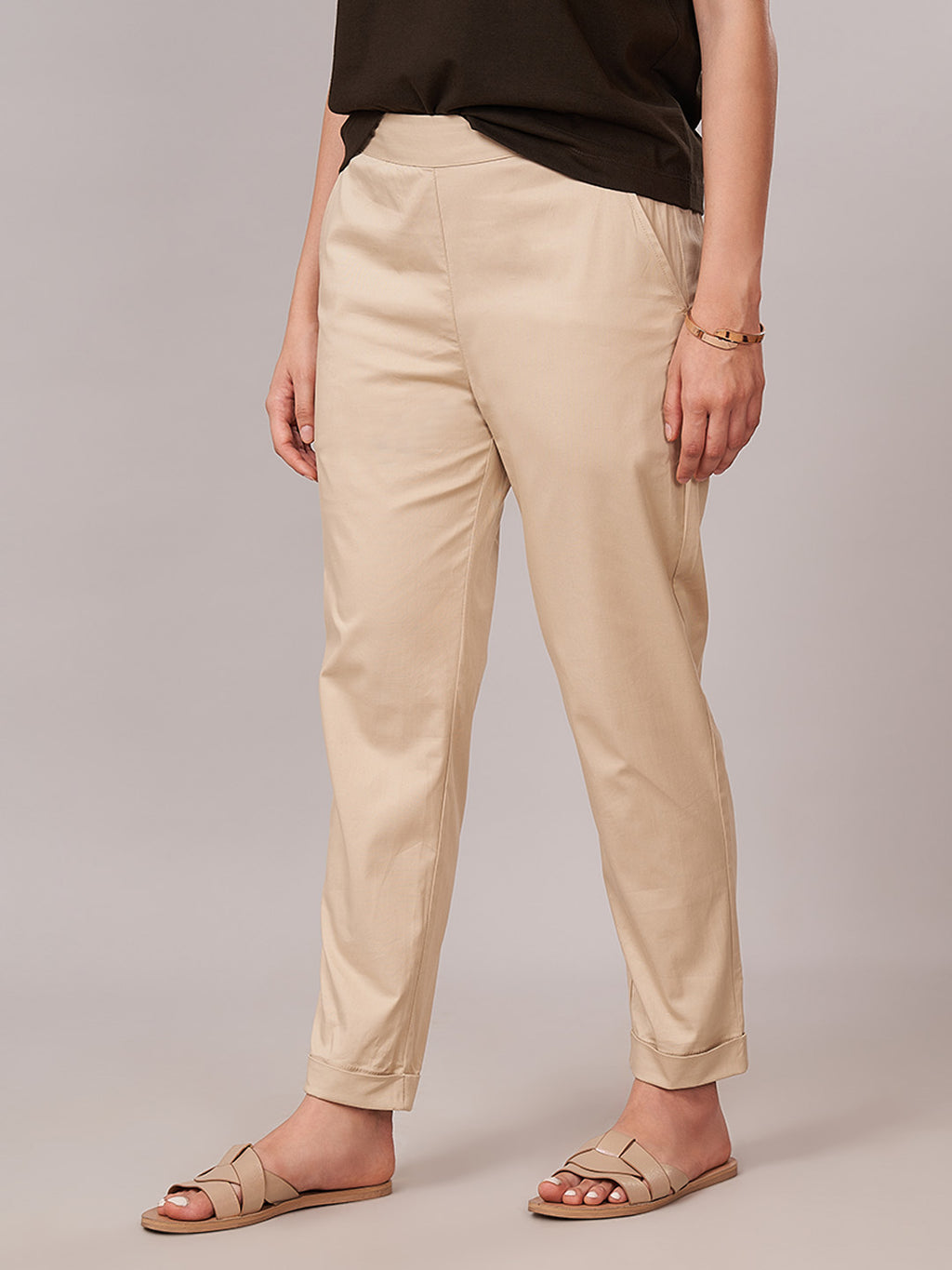 Women's Cotton Lycra Regular Fit Pants Beige