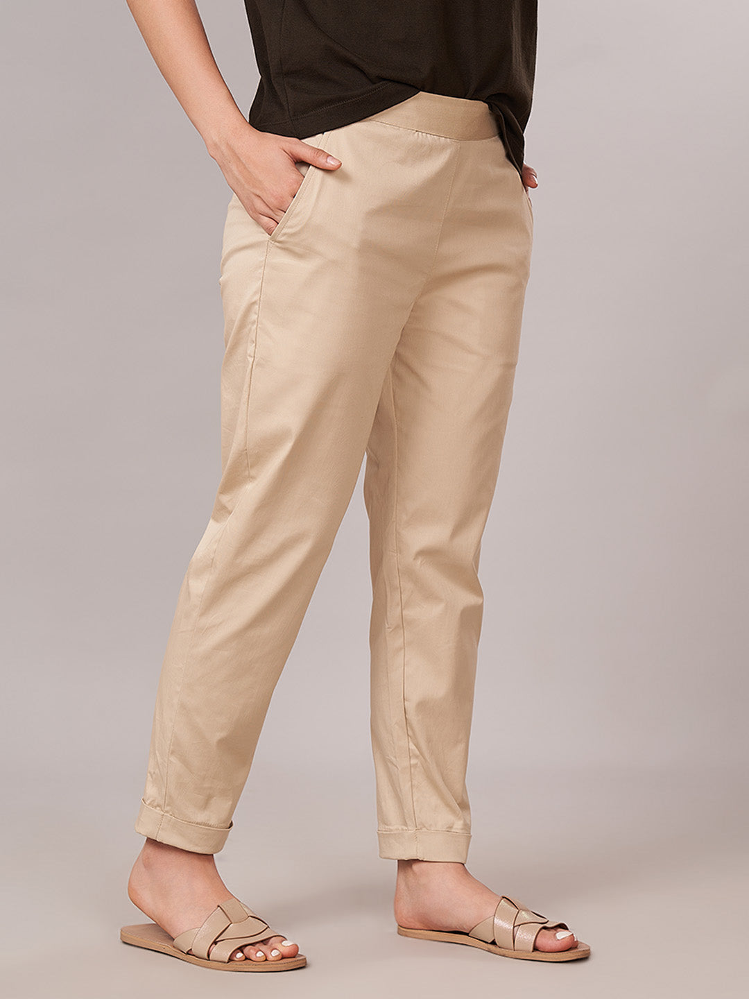 Women's Cotton Lycra Regular Fit Pants Beige