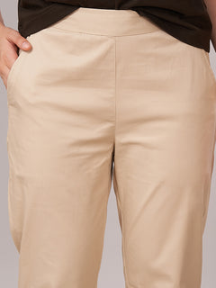 Women's Cotton Lycra Regular Fit Pants Beige