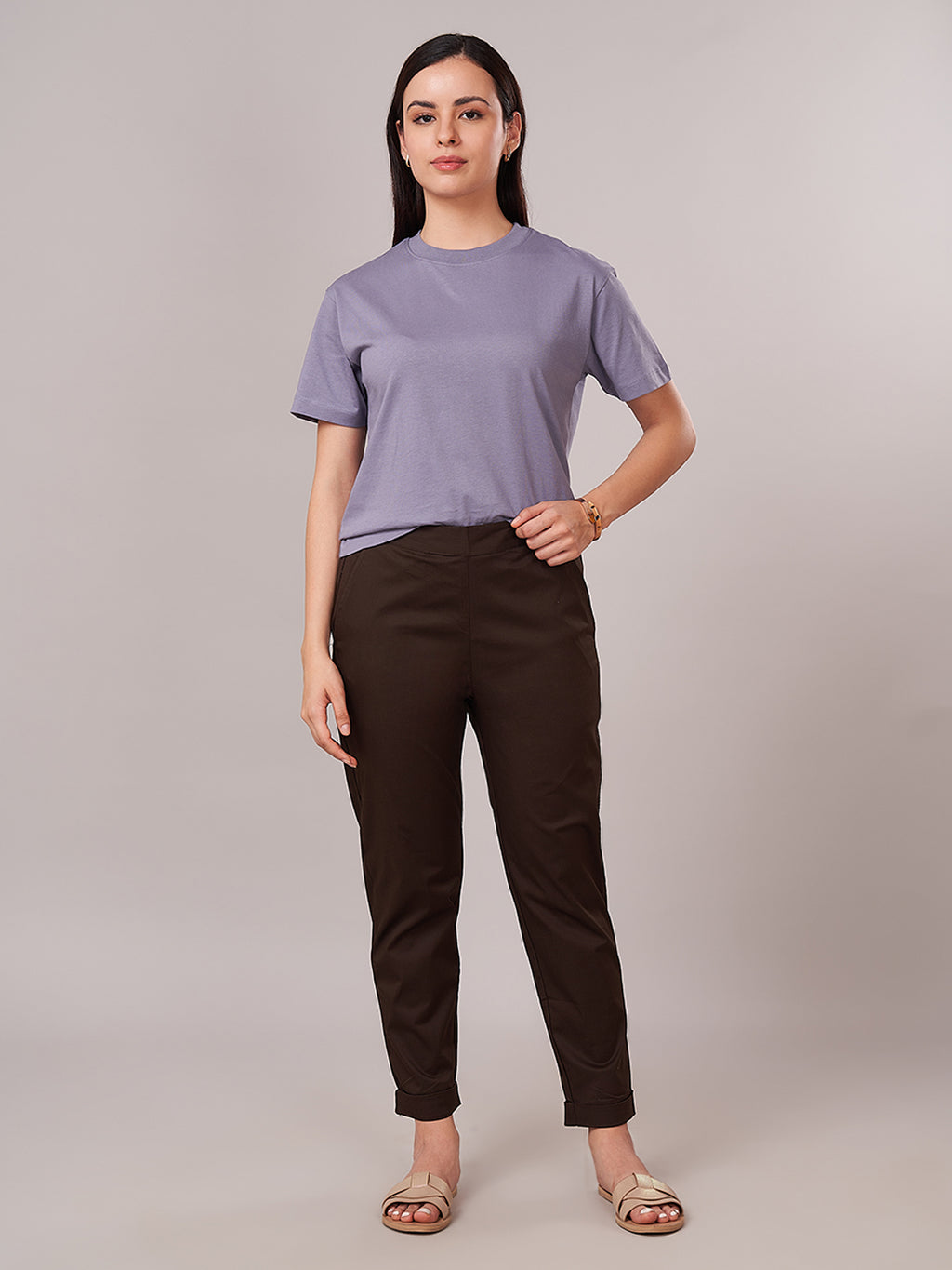 Women's Cotton Lycra Regular Fit Pants Brown