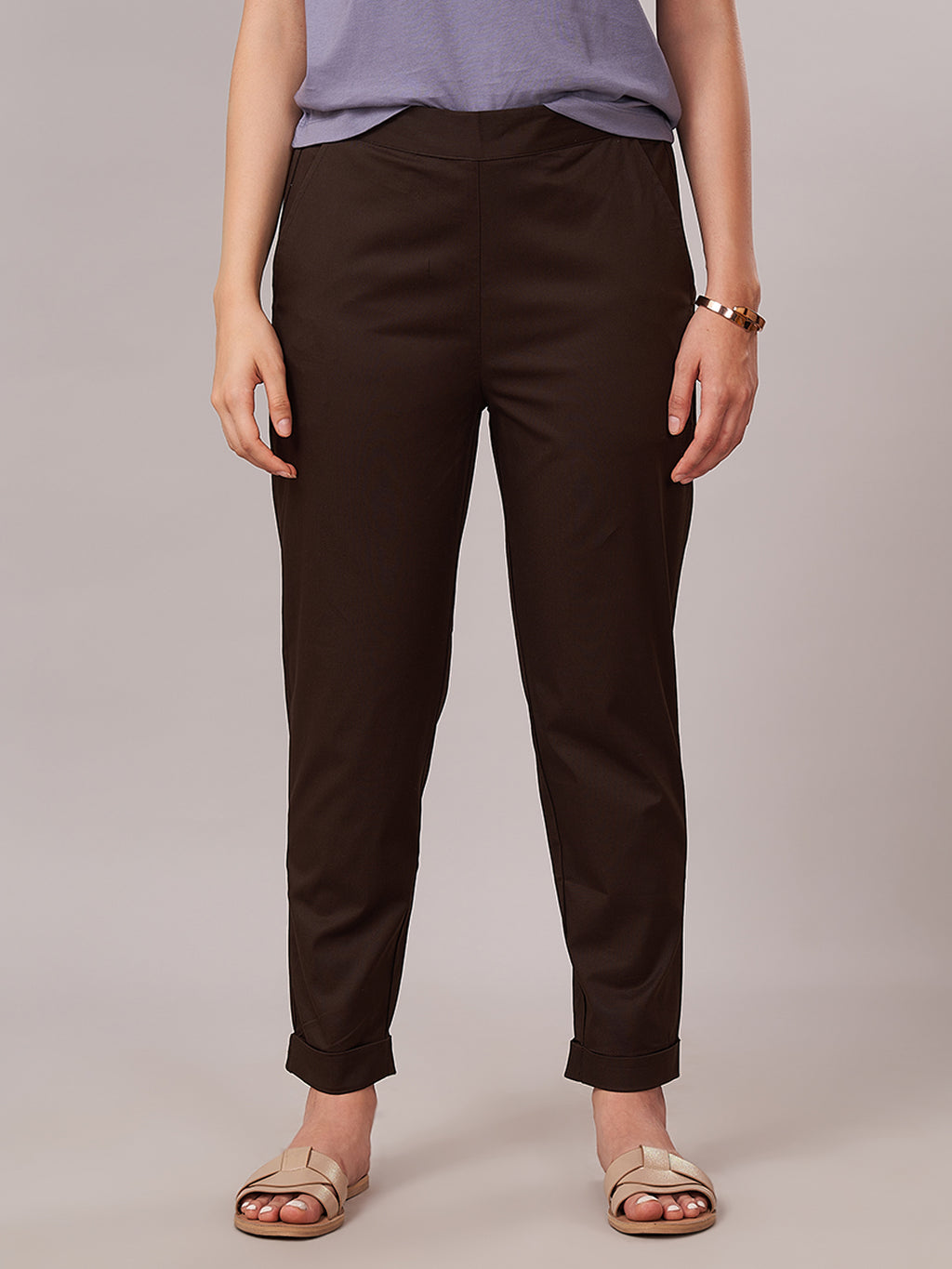 Women's Cotton Lycra Regular Fit Pants Brown