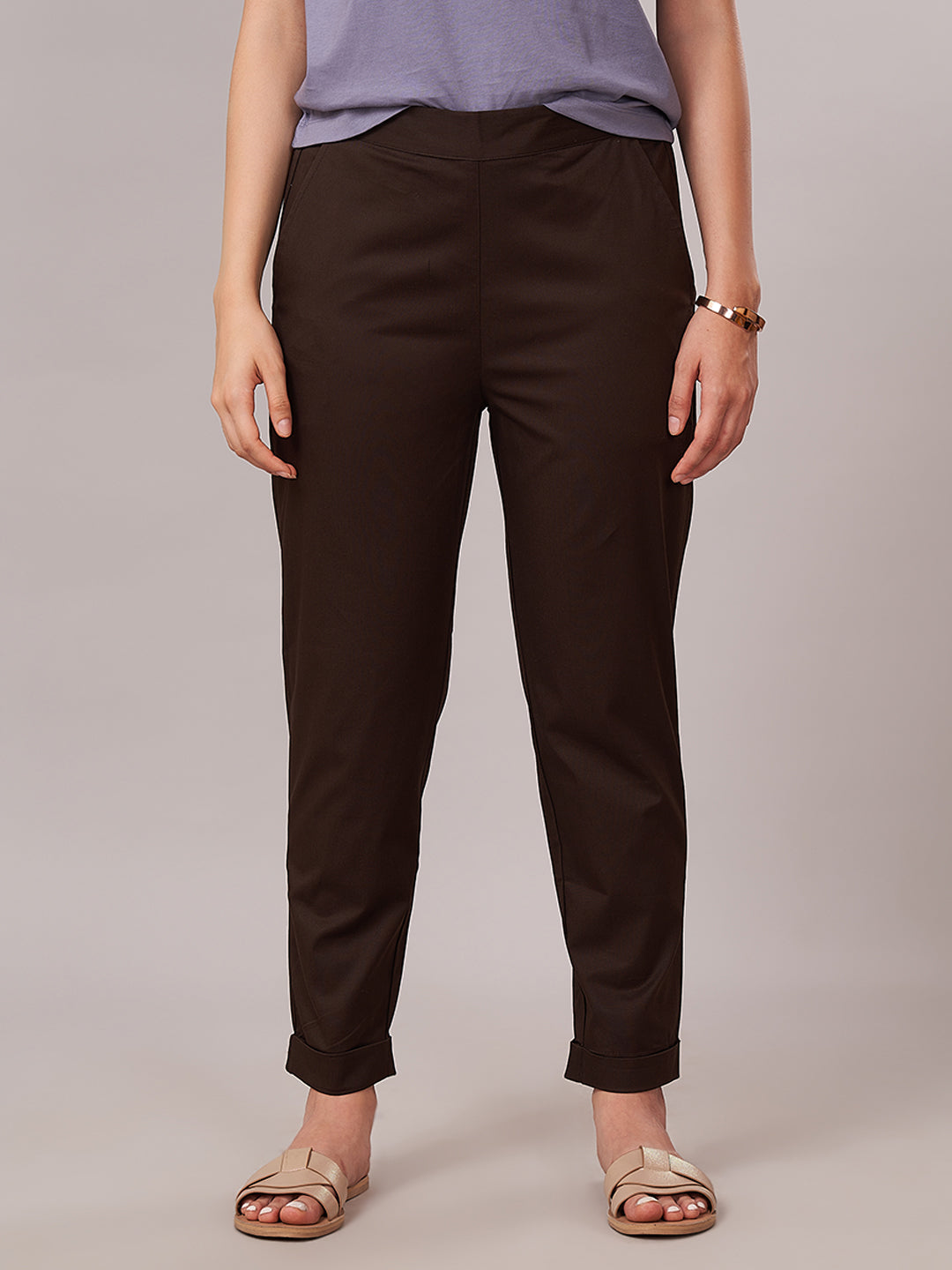 Women's Cotton Lycra Regular Fit Pants Brown