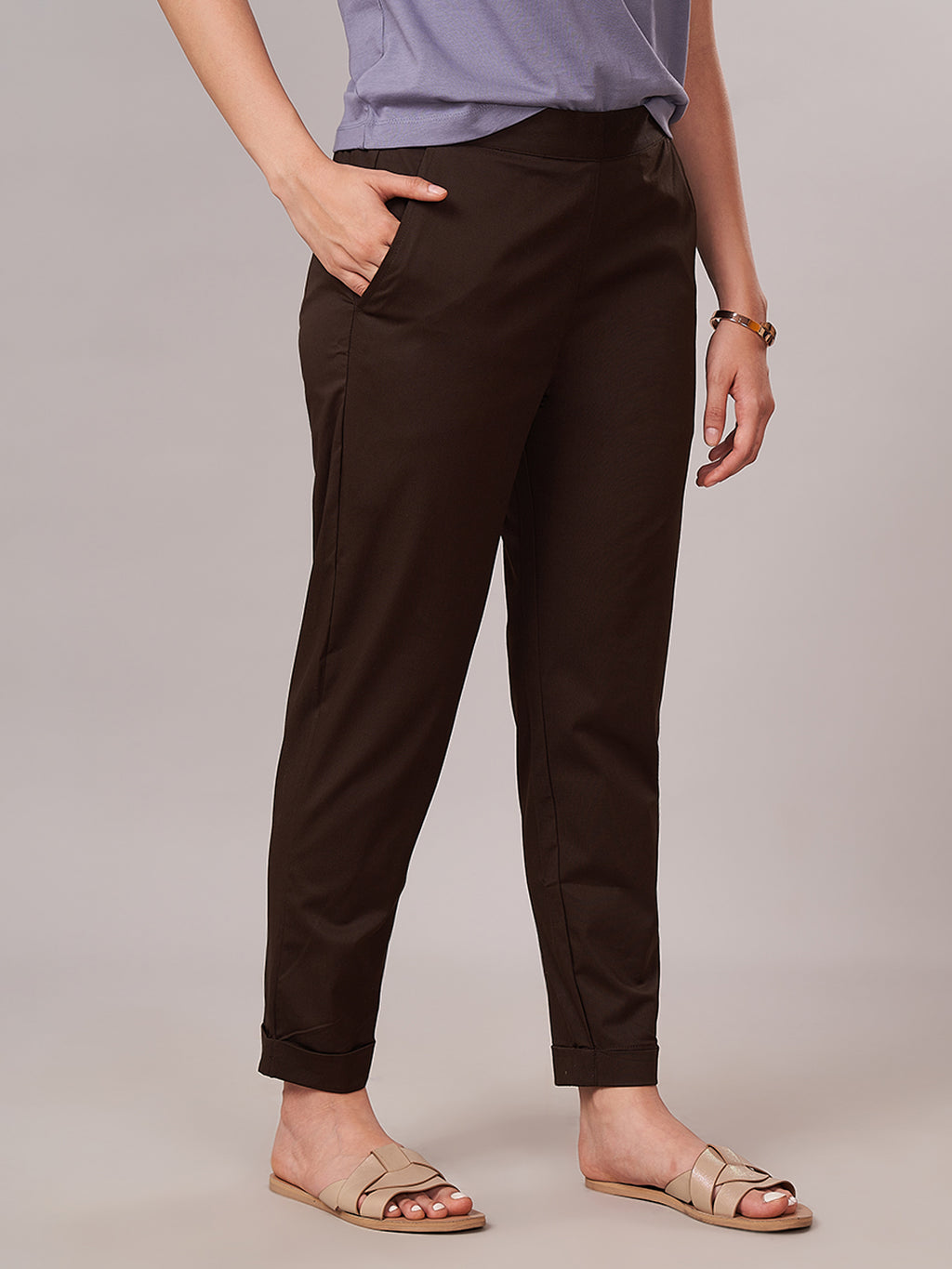 Women's Cotton Lycra Regular Fit Pants Brown