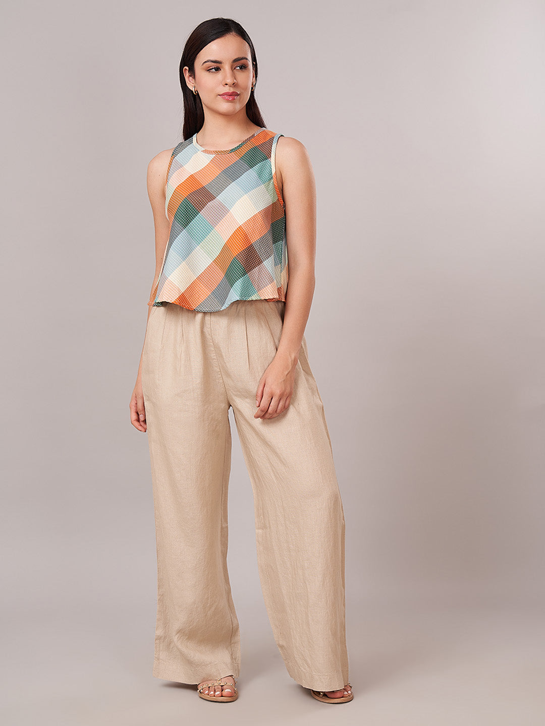 Women's 100% Linen  Regular Fit Pant Beige