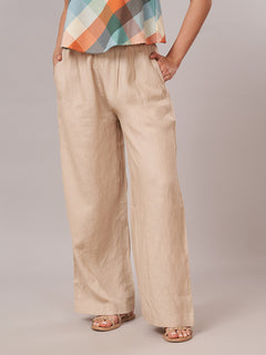 Women's 100% Linen  Regular Fit Pant Beige