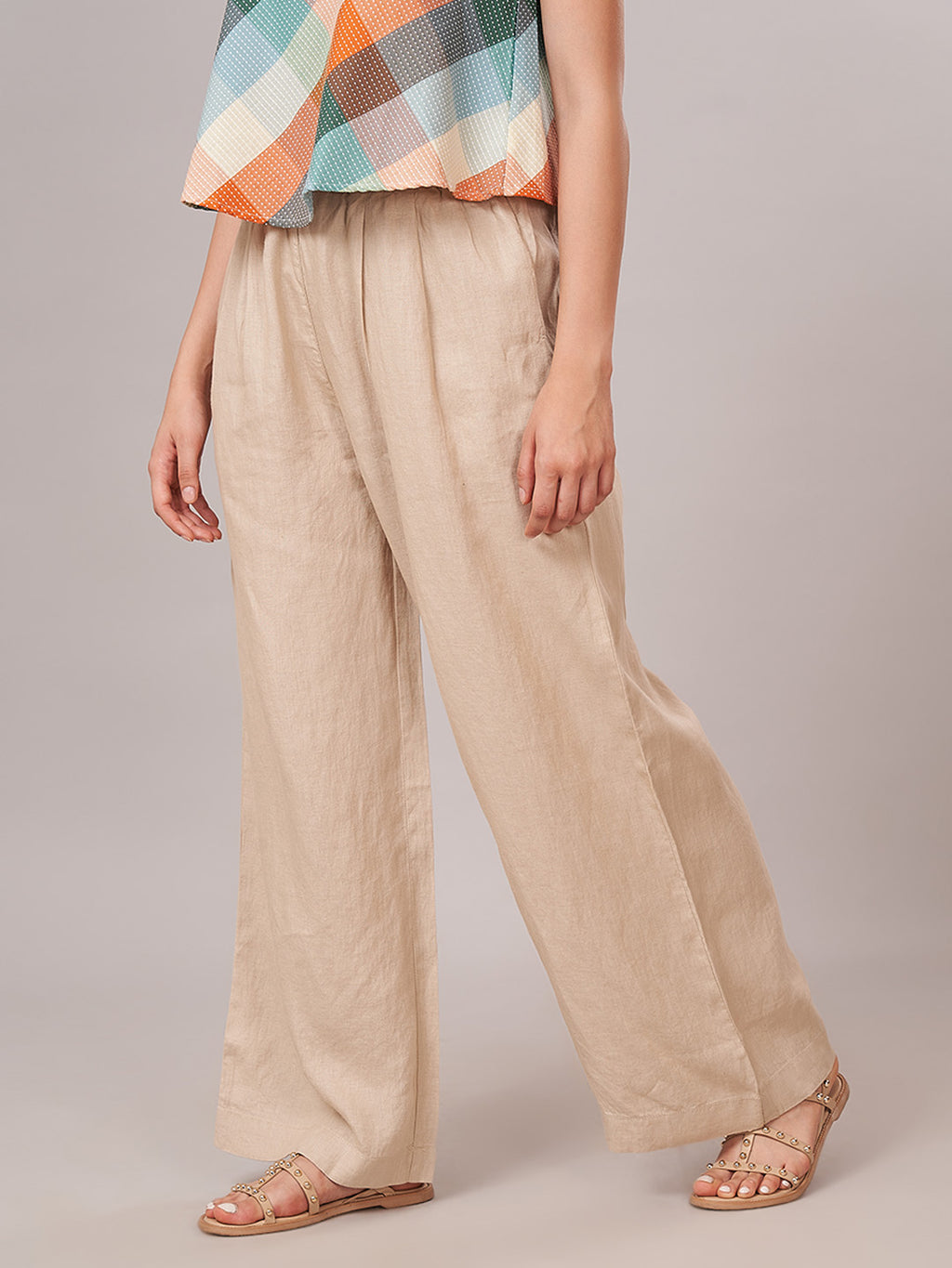 Women's 100% Linen  Regular Fit Pant Beige