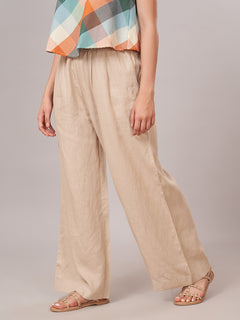 Women's 100% Linen  Regular Fit Pant Beige
