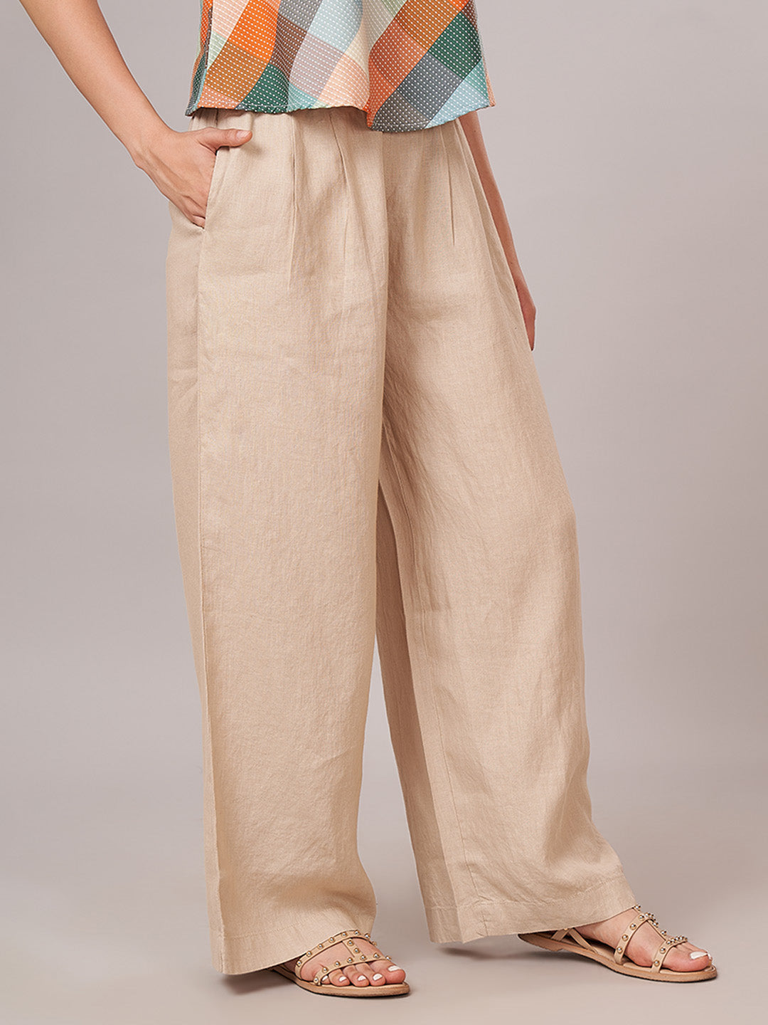 Women's 100% Linen  Regular Fit Pant Beige