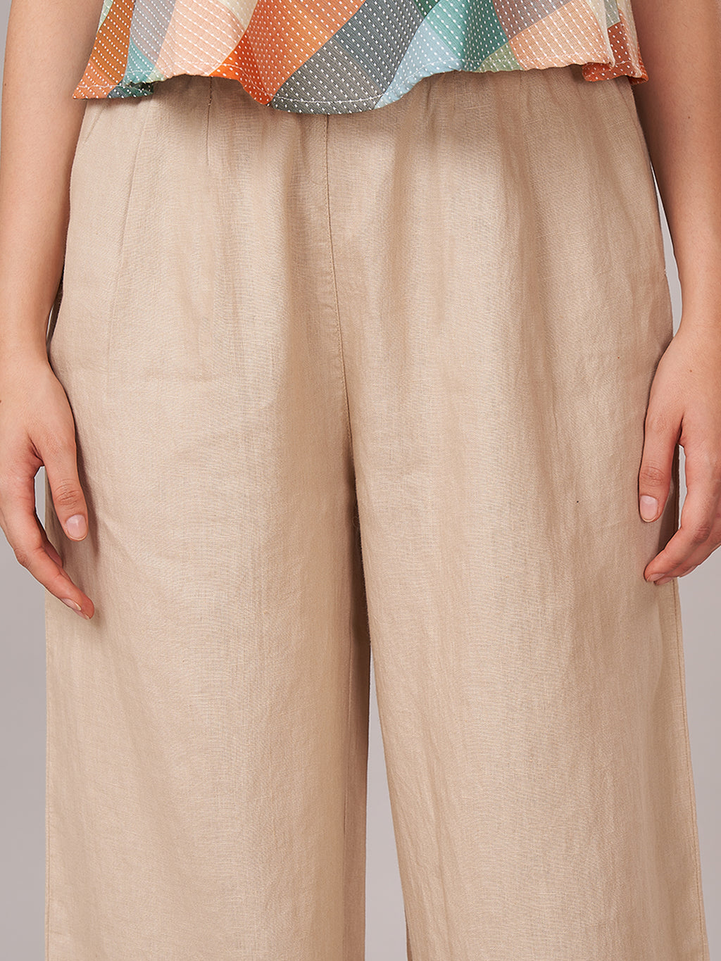 Women's 100% Linen  Regular Fit Pant Beige