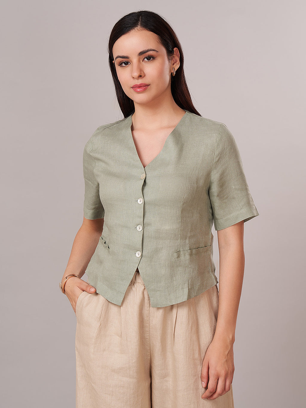 Women's 100% Linen Regular Fit Blouse Sage