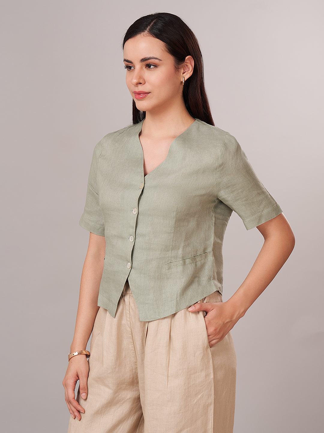 Women's 100% Linen Regular Fit Blouse Sage