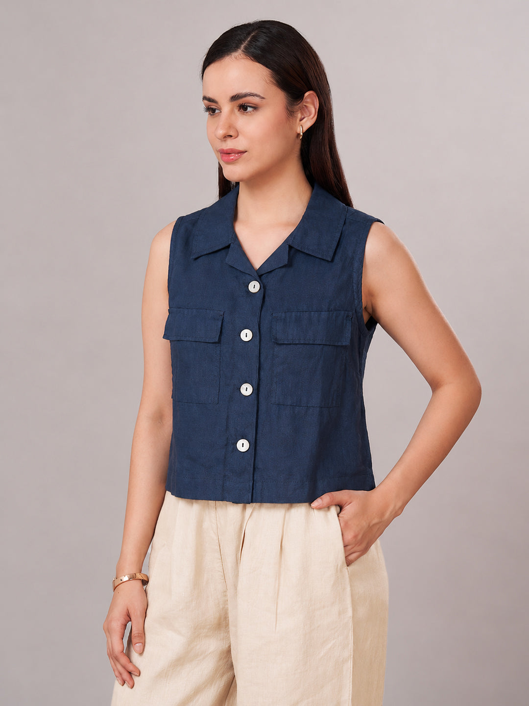 Women's 100% Linen Regular Fit Blouse Navy