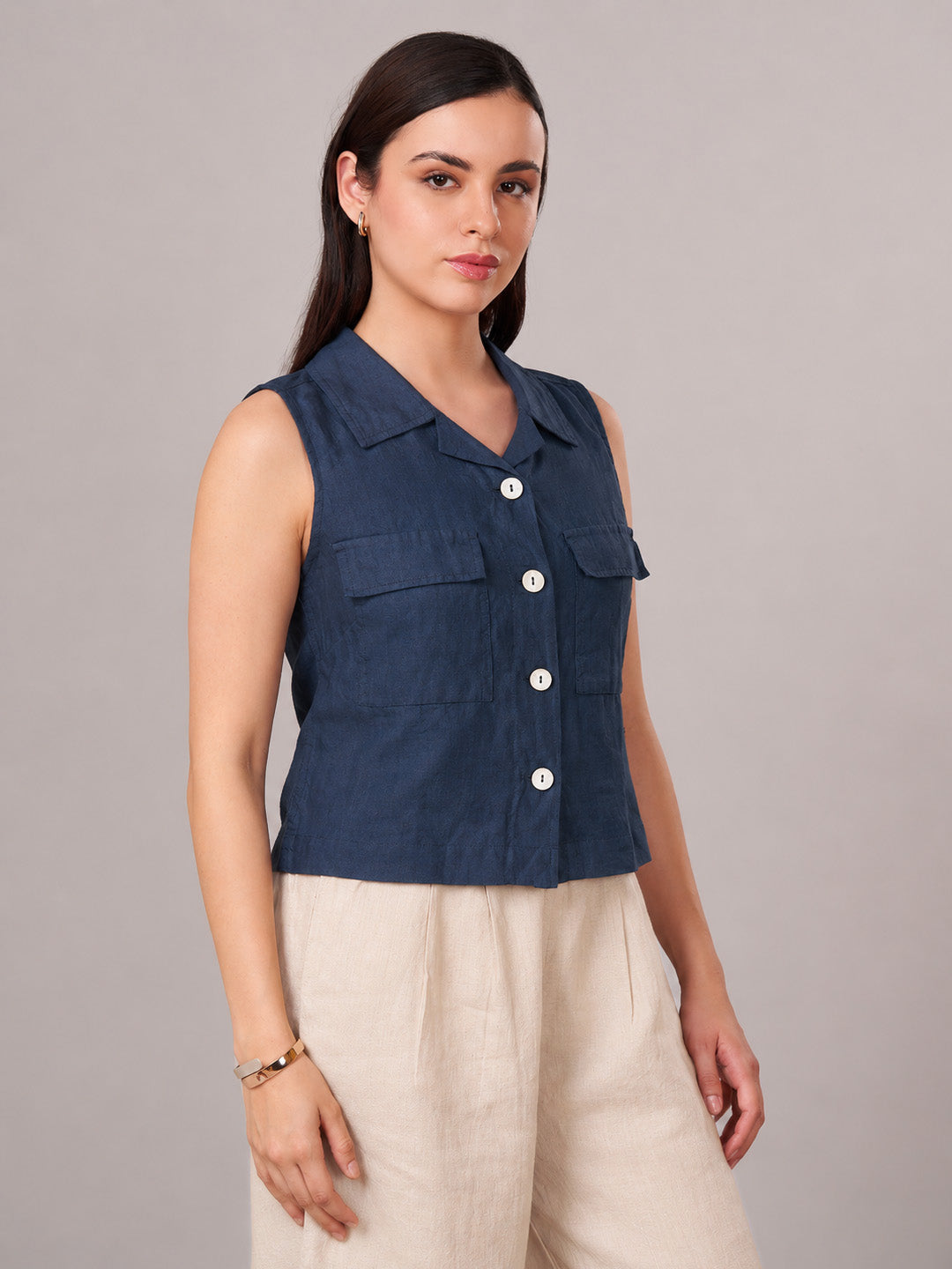 Women's 100% Linen Regular Fit Blouse Navy