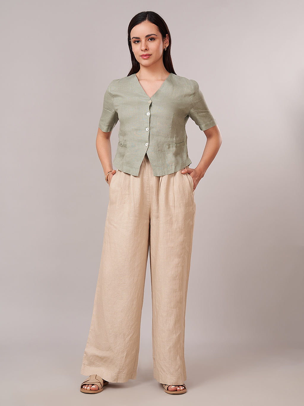 Women's 100% Linen Regular Fit Blouse Sage