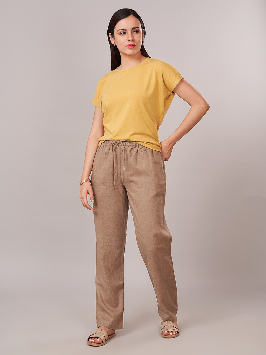 Women's Linen Viscose Regular Fit Pant Beige