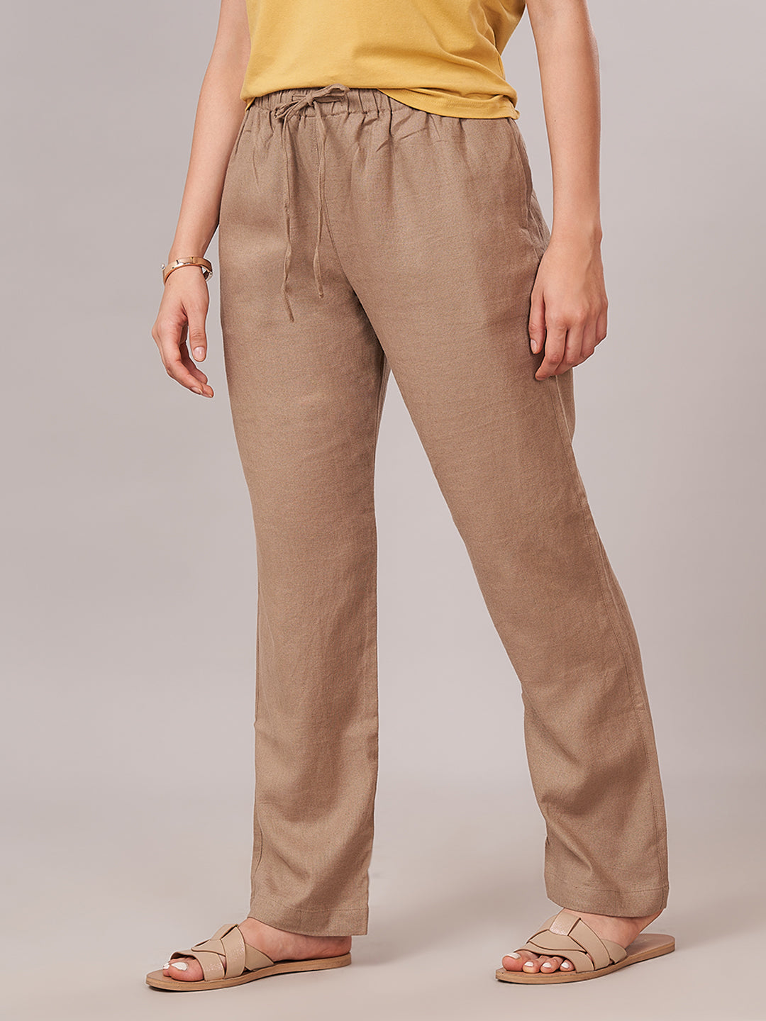 Women's Linen Viscose Regular Fit Pant Beige