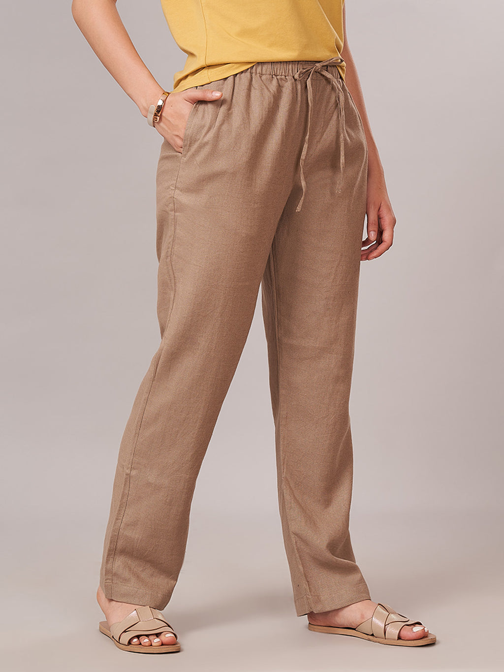 Women's Linen Viscose Regular Fit Pant Beige