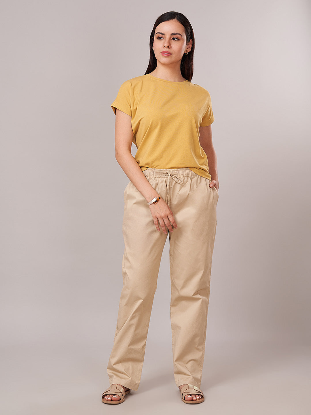 Women's Cotton Lycra Regular Fit Pants Beige