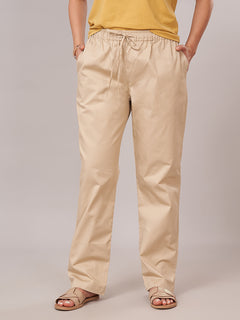 Women's Cotton Lycra Regular Fit Pants Beige