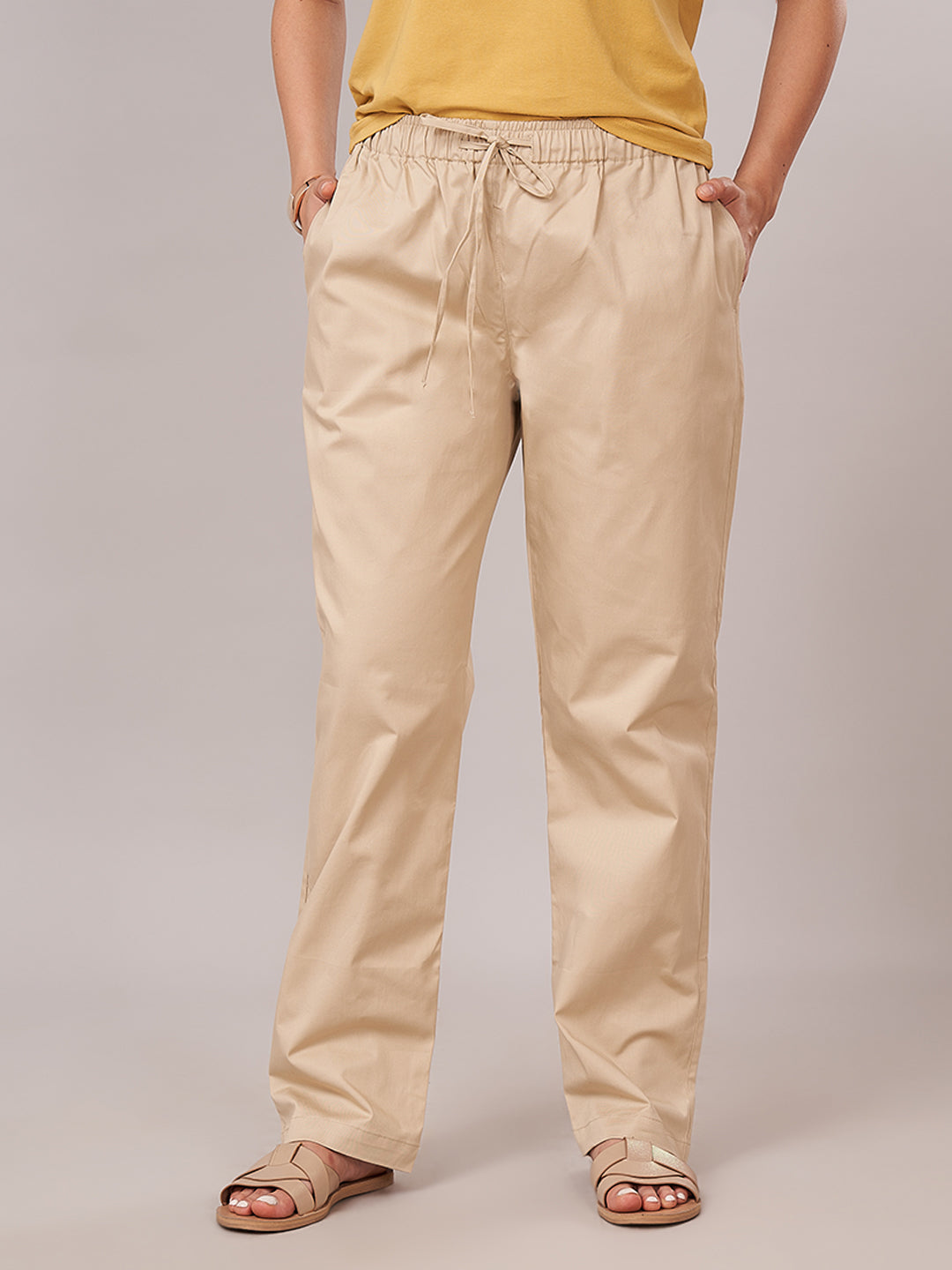 Women's Cotton Lycra Regular Fit Pants Beige
