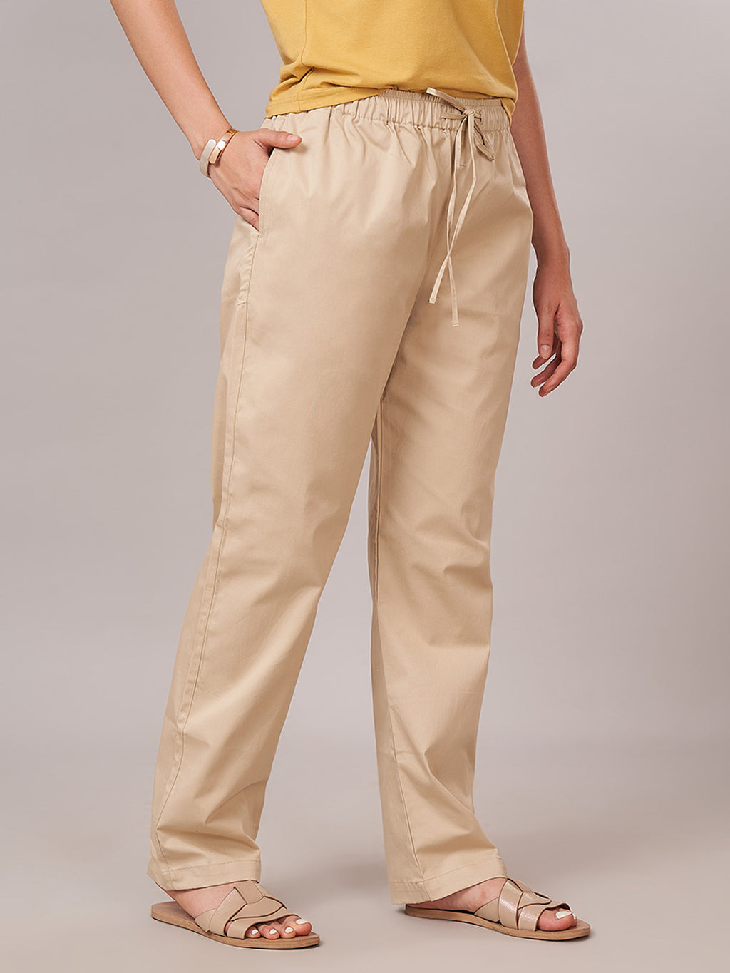 Women's Cotton Lycra Regular Fit Pants Beige